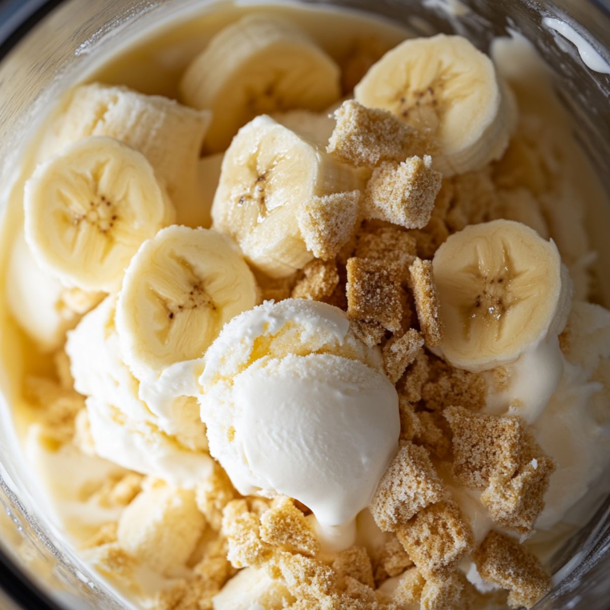 Banana chunks, ice cream, and wafers added to the blender