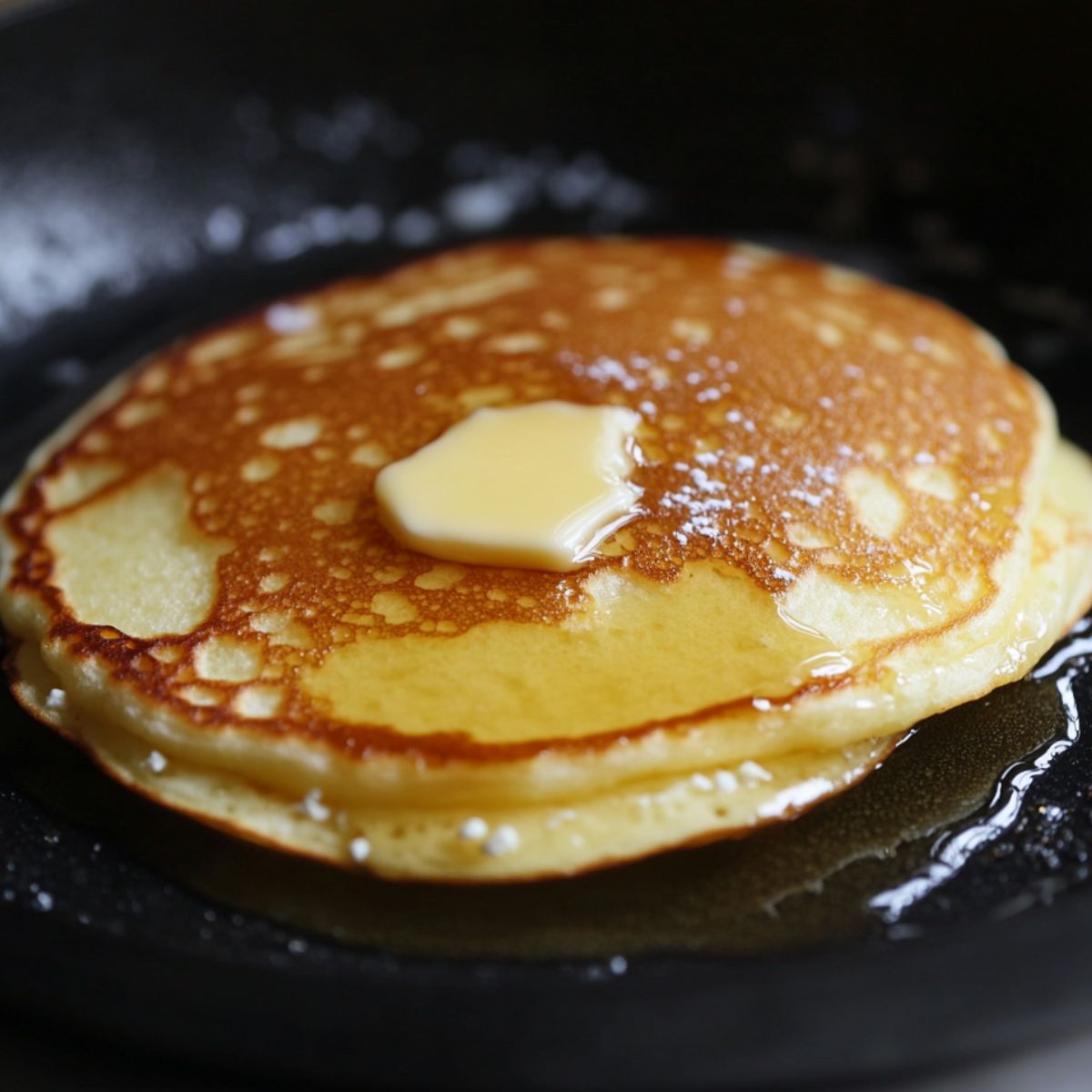 Cooking pancakes on a skillet until golden