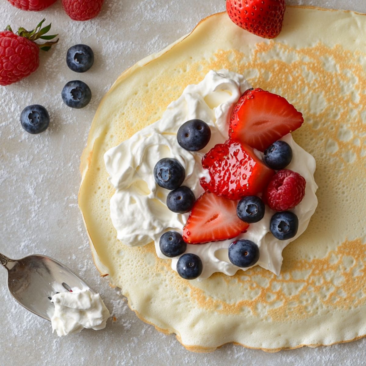 Crepe being filled with berries and cream, ready to fold
