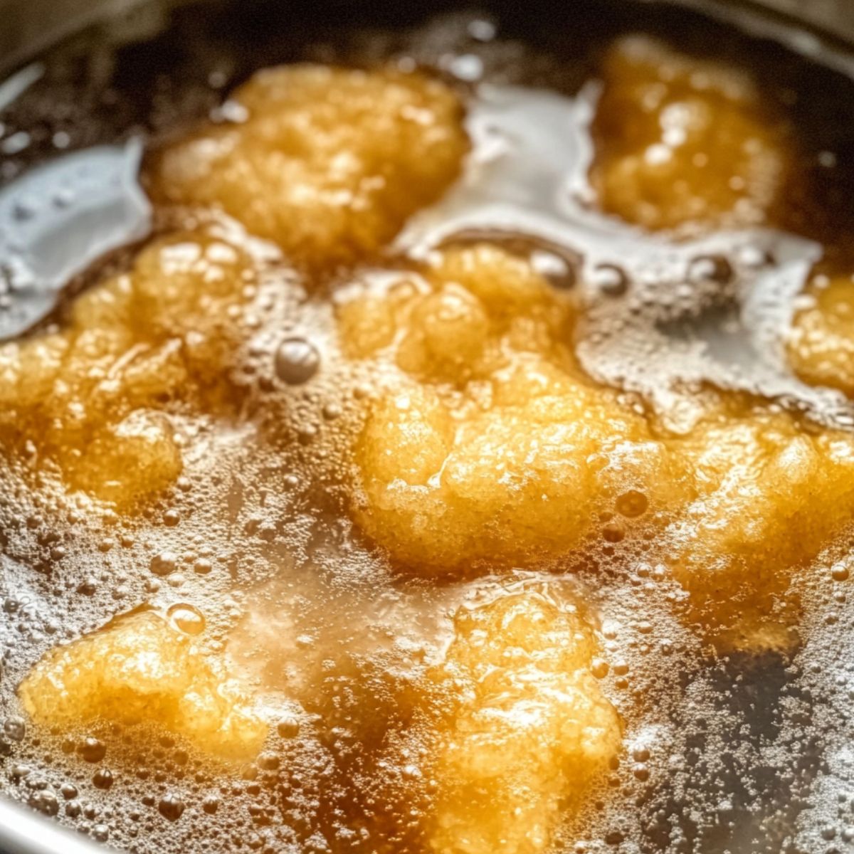 Apple fritter bites frying in hot oil until golden brown