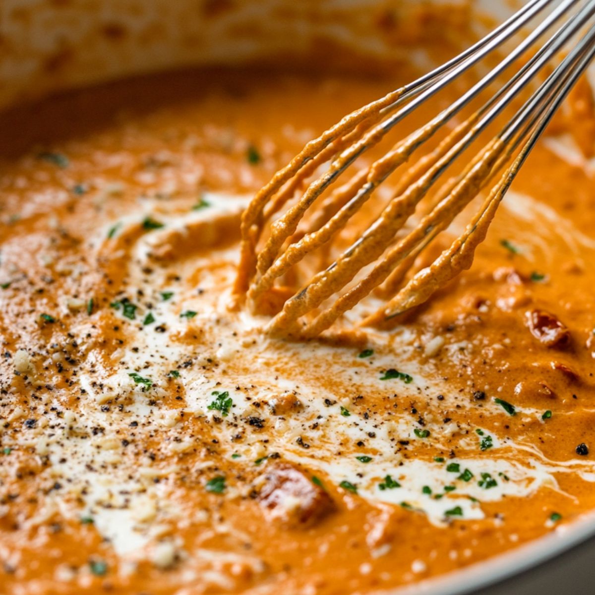  Creamy sundried tomato sauce being stirred in a white skillet on the stove