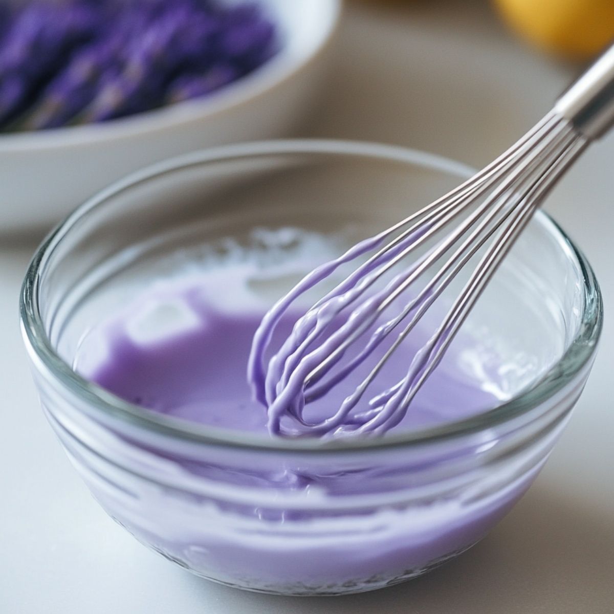 Bowl of lemon lavender glaze being whisked on a kitchen counter.