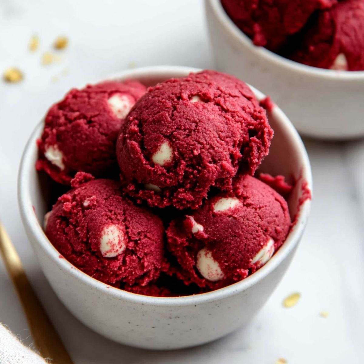 Scoops of chilled red velvet cookie dough served in small bowls.