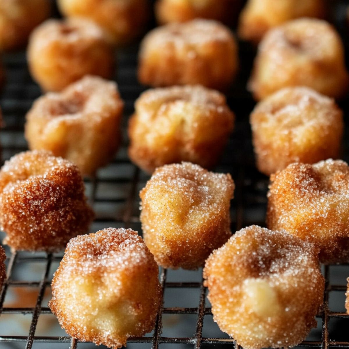 Apple fritter bites being rolled in cinnamon sugar