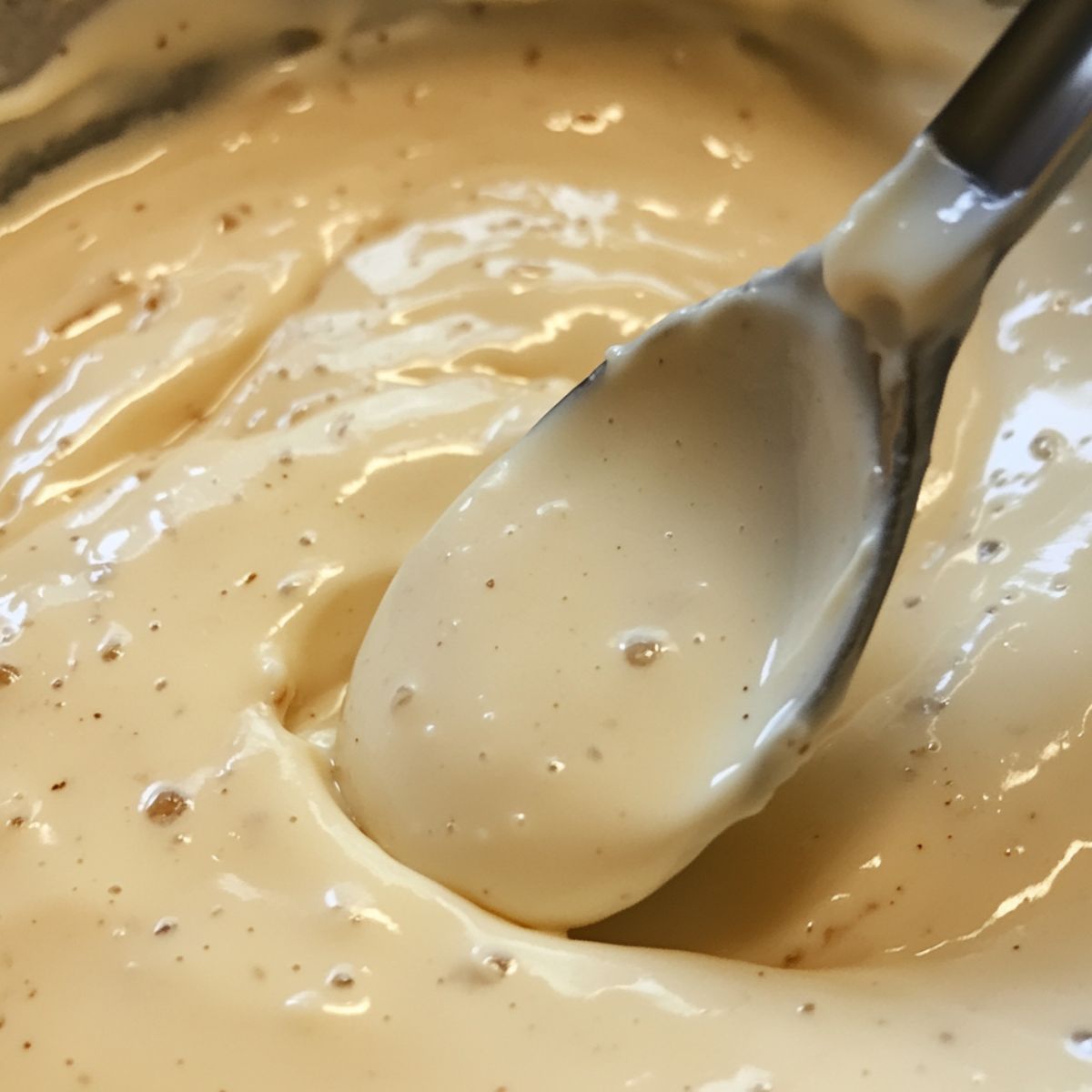 Cream cheese glaze in a bowl with spoon on kitchen counter