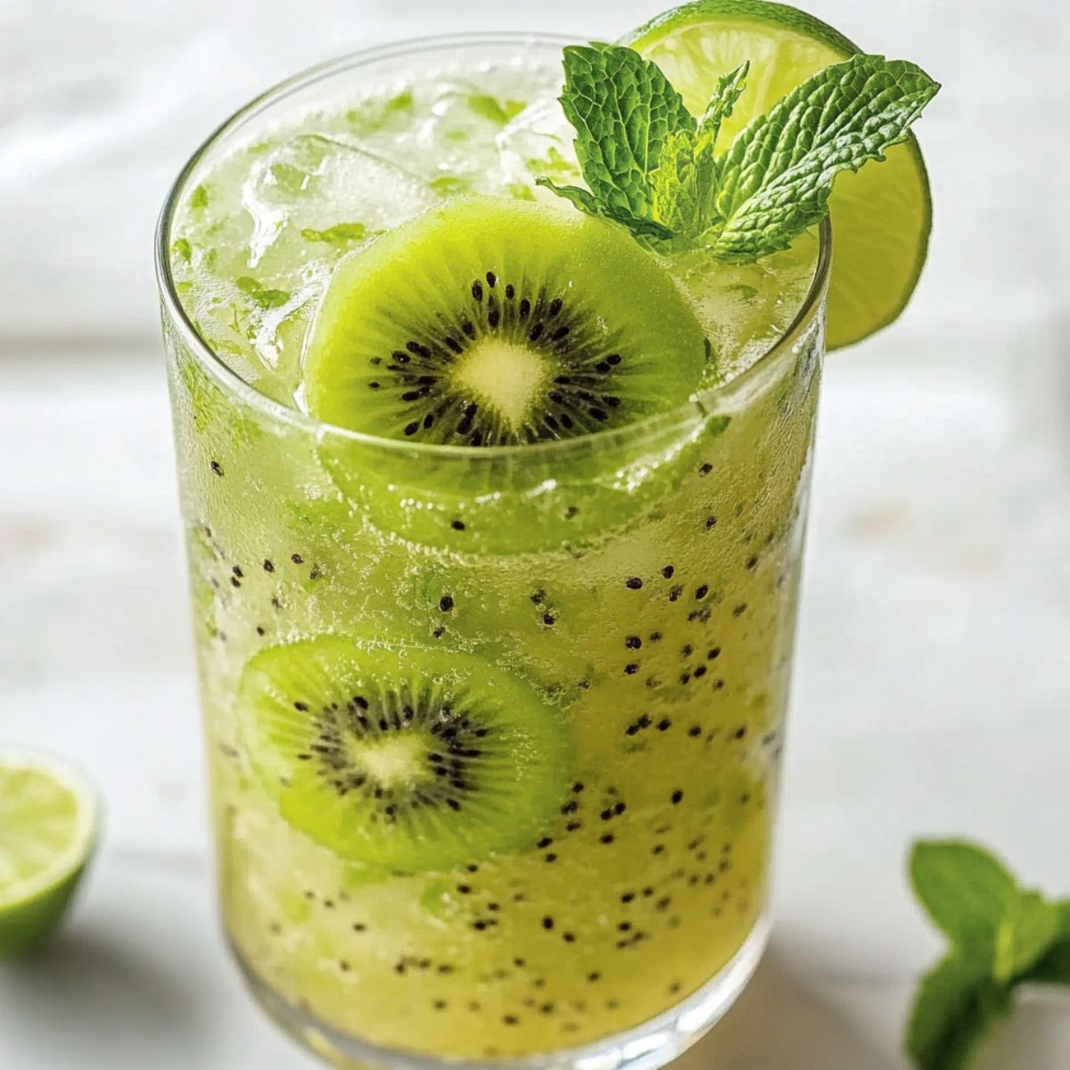 A finished glass of kiwi mint mojito with fresh garnish, ready to serve.
