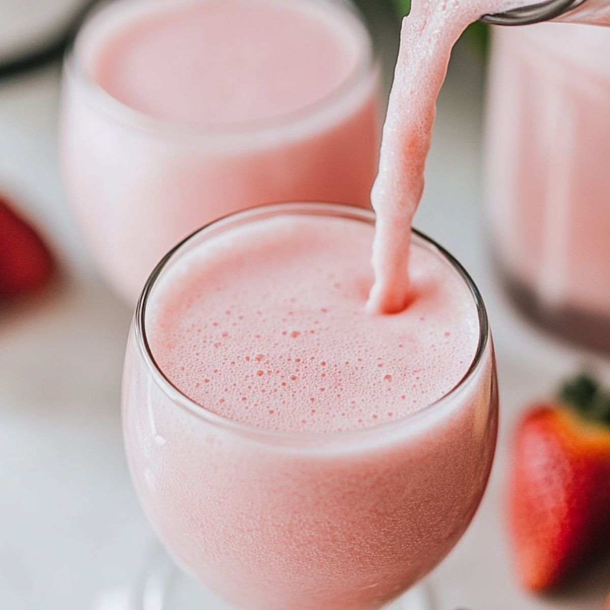 Pouring mixed strawberry pina colada into cocktail glasses from a blender