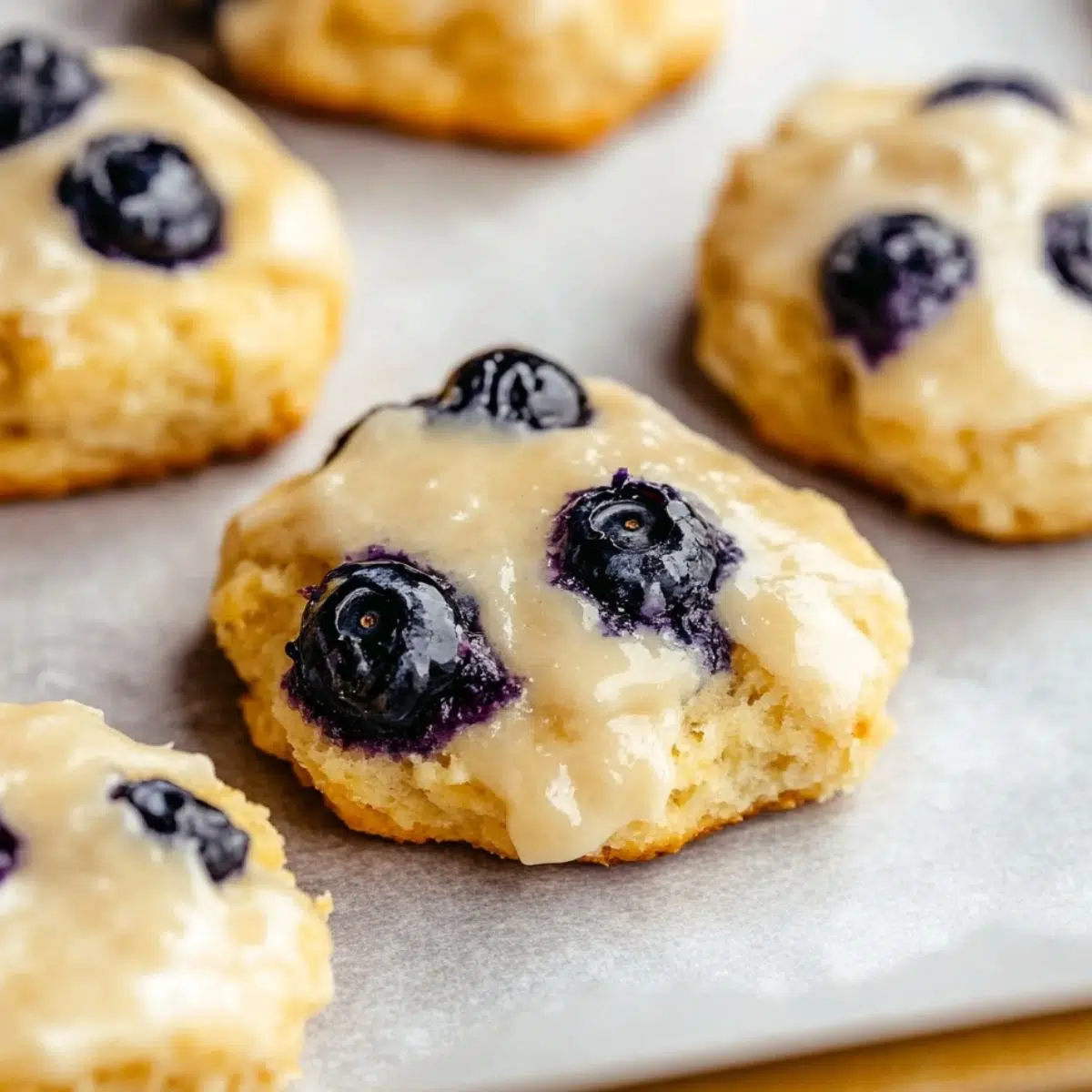 Golden blueberry biscuits with glaze fresh from the oven

