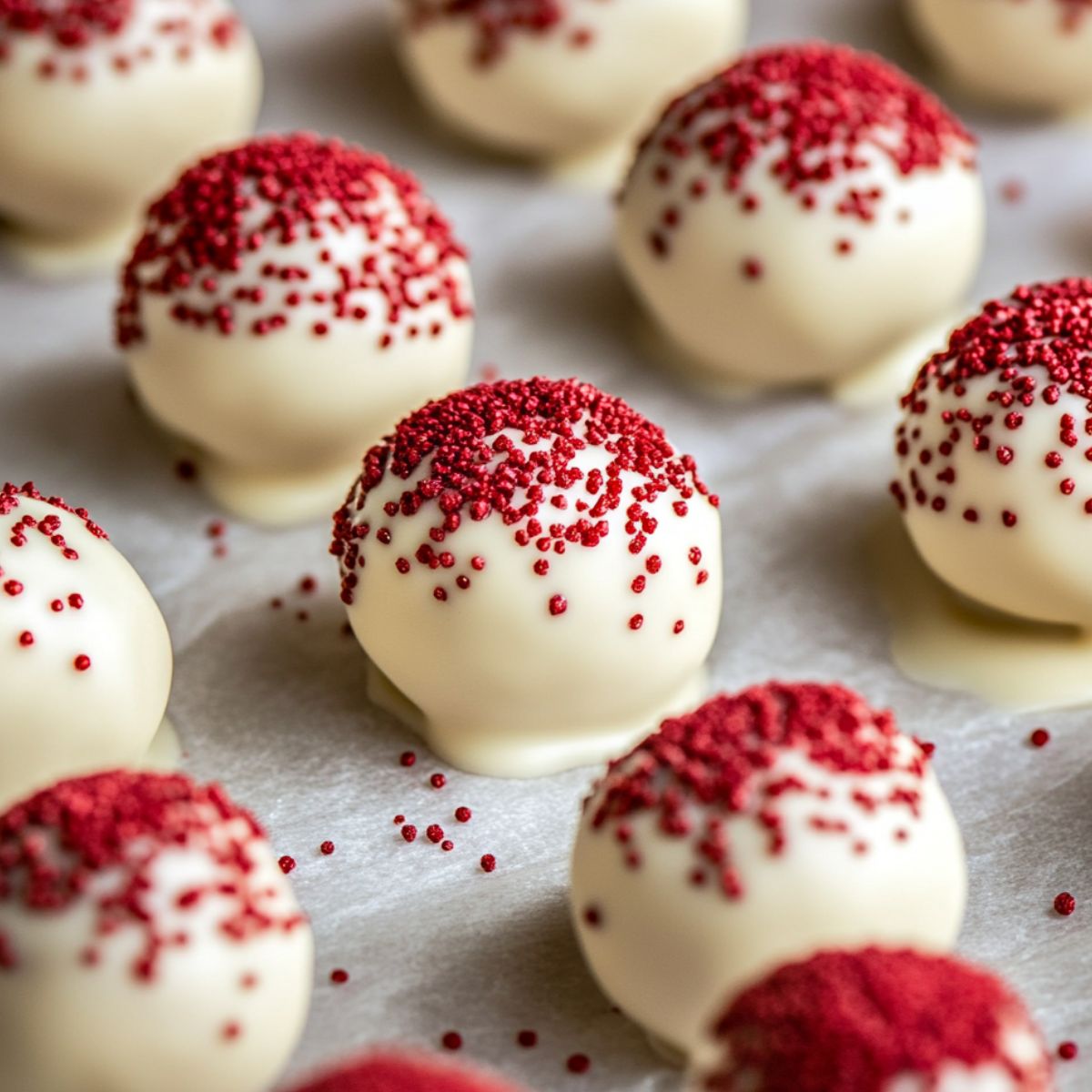 Dipping red velvet cheesecake bites into melted white chocolate