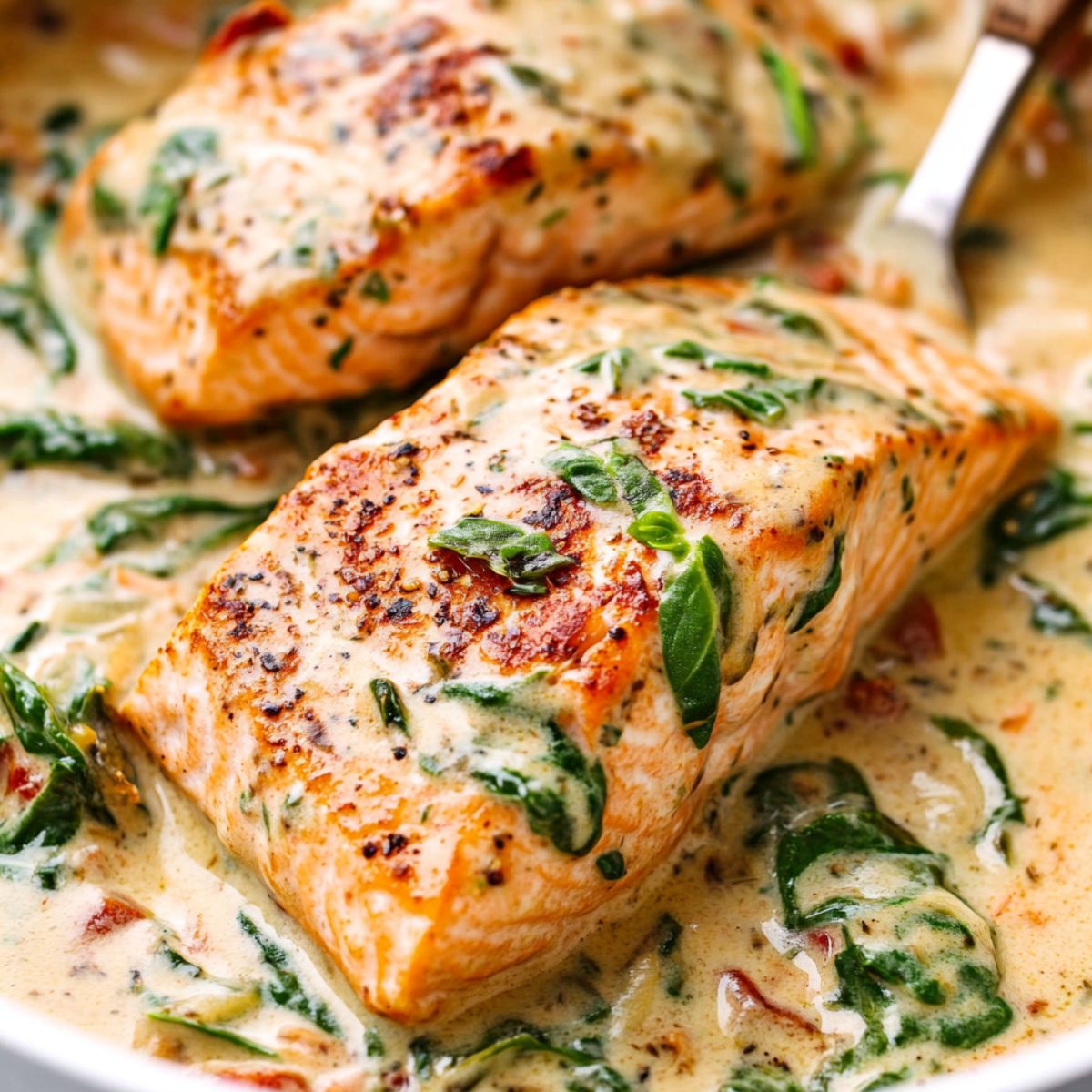 Salmon fillets nestled in creamy sauce being spooned over before serving