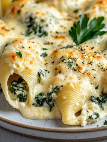 Spinach and ricotta stuffed shells with alfredo, fresh from the oven, on a kitchen counter.