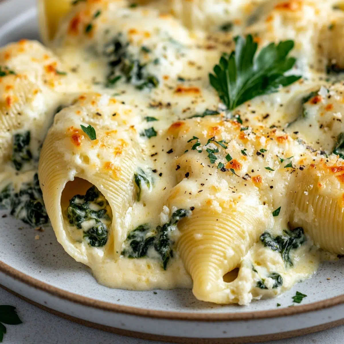 Spinach and ricotta stuffed shells with alfredo, fresh from the oven, on a kitchen counter.