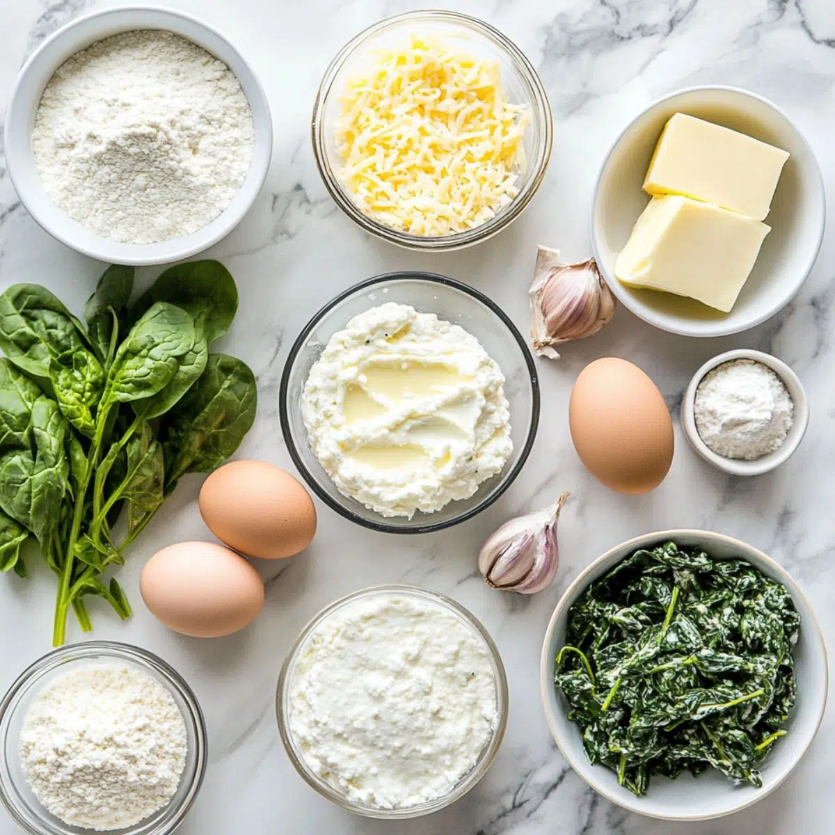 Raw ingredients laid out for spinach and ricotta stuffed shells with alfredo.