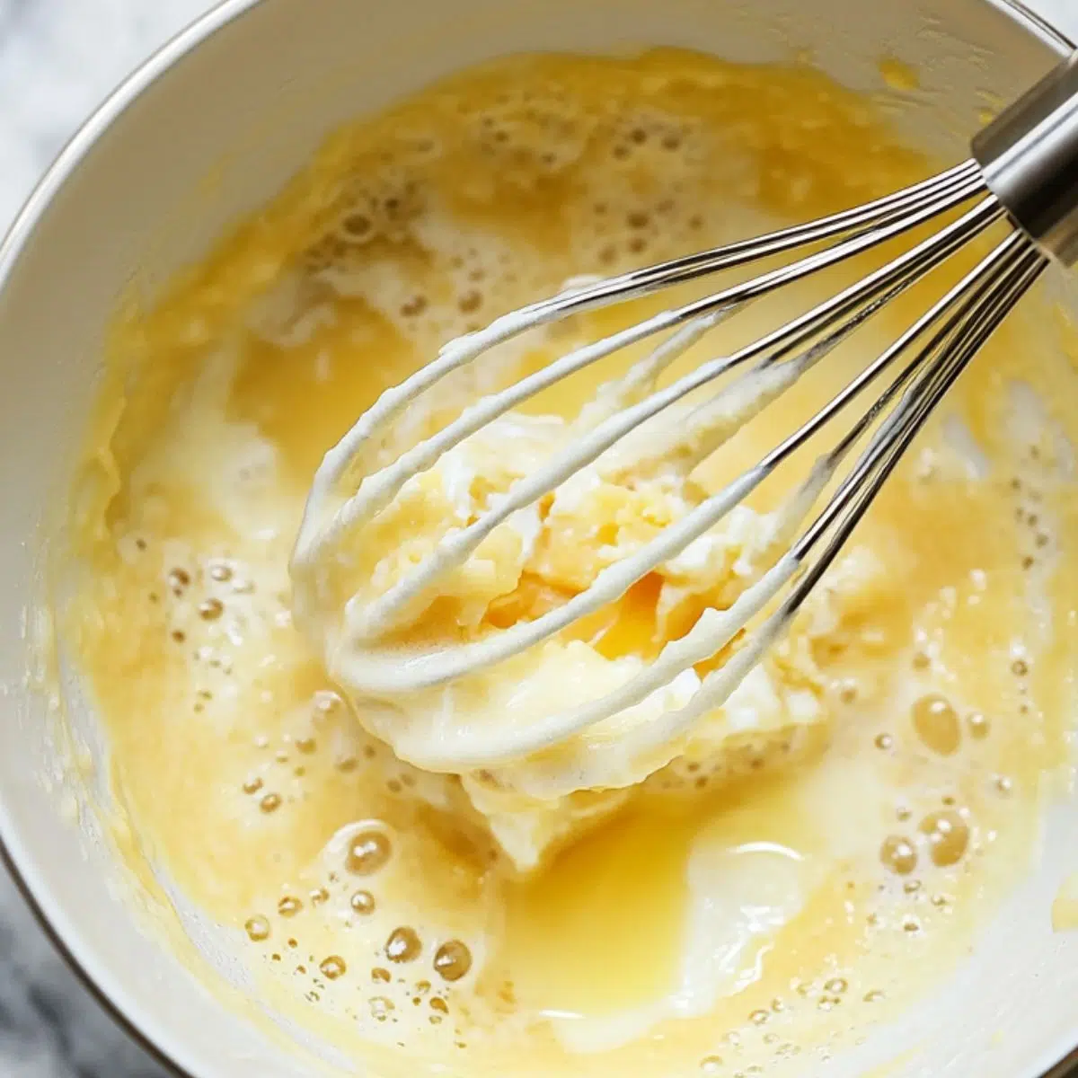Whisking wet ingredients in a mixing bowl