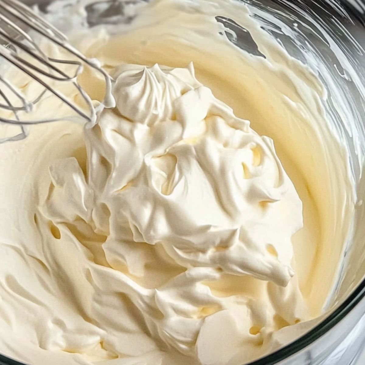 Whipping heavy cream in a chilled bowl with an electric hand mixer