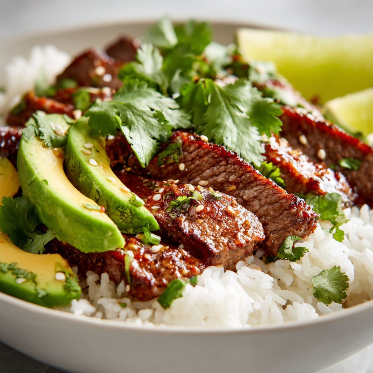 Steak slices and avocado over cooked rice in a bowl