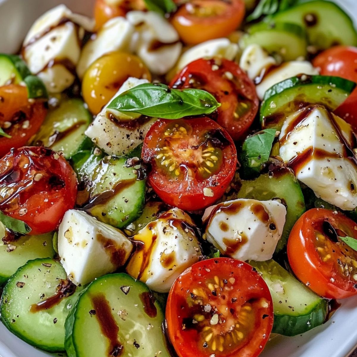  Fresh basil being added to finished cucumber caprese salad