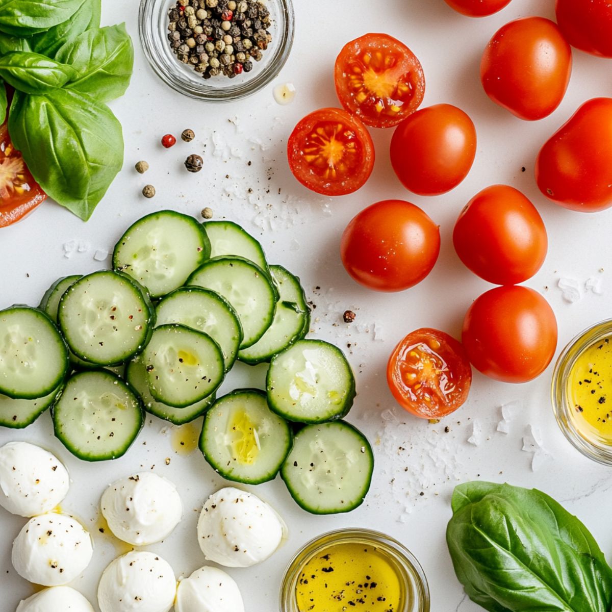Fresh ingredients laid out for making cucumber caprese salad