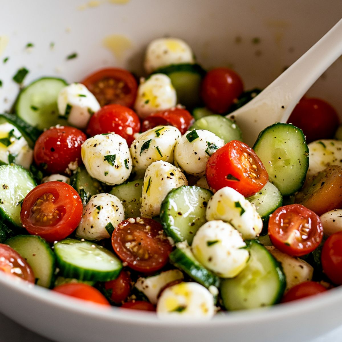 Tossing cucumber, tomato, and mozzarella in a mixing bowl