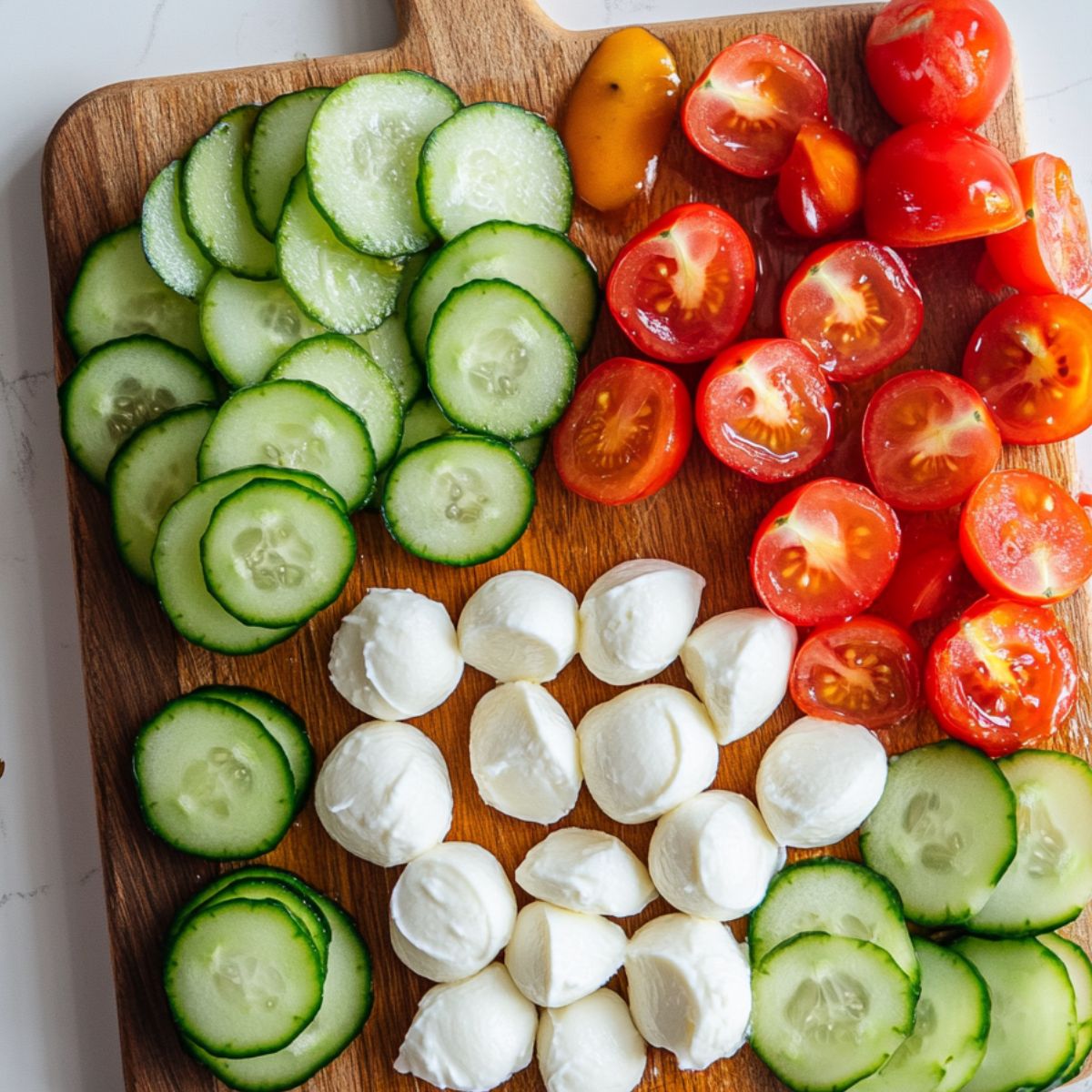 Sliced ingredients for cucumber caprese salad on cutting board