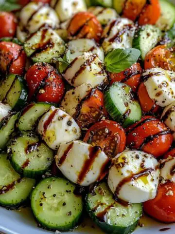 Homemade cucumber caprese salad served in a rustic white bowl