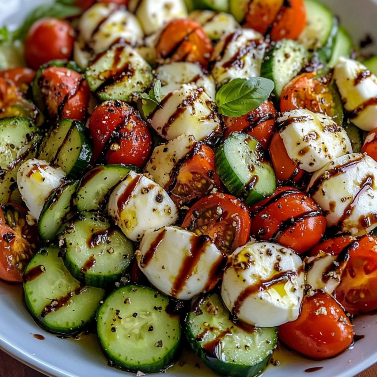 Homemade cucumber caprese salad served in a rustic white bowl