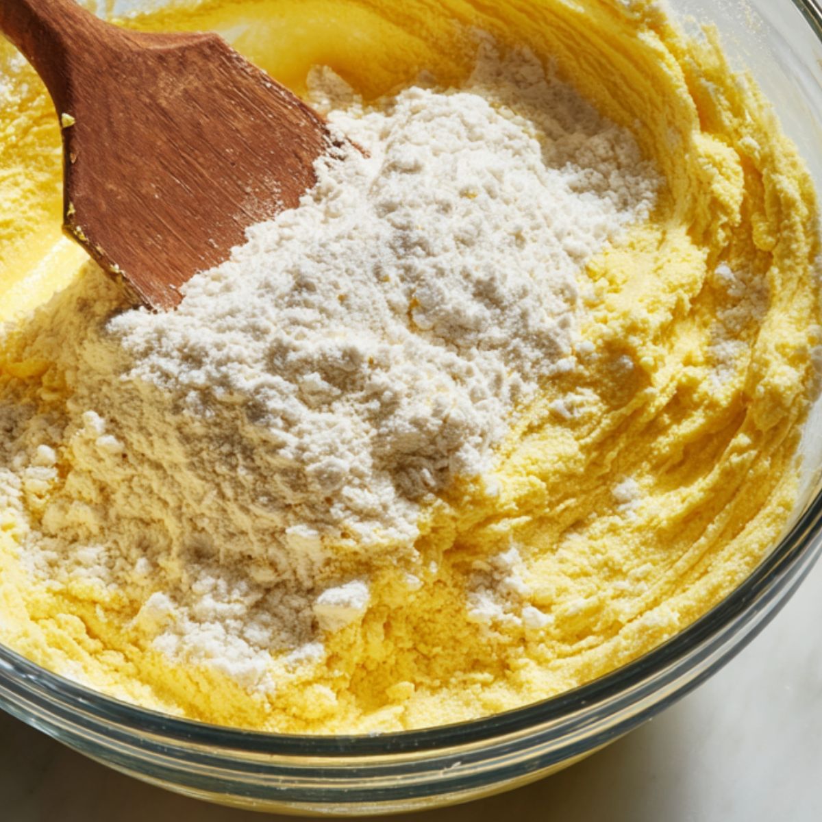 Folding dry ingredients into lemon brownie batter