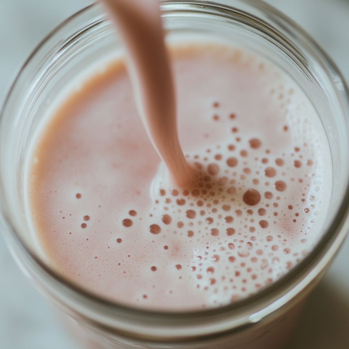 Mixing tea, milk, and strawberry syrup in a mason jar