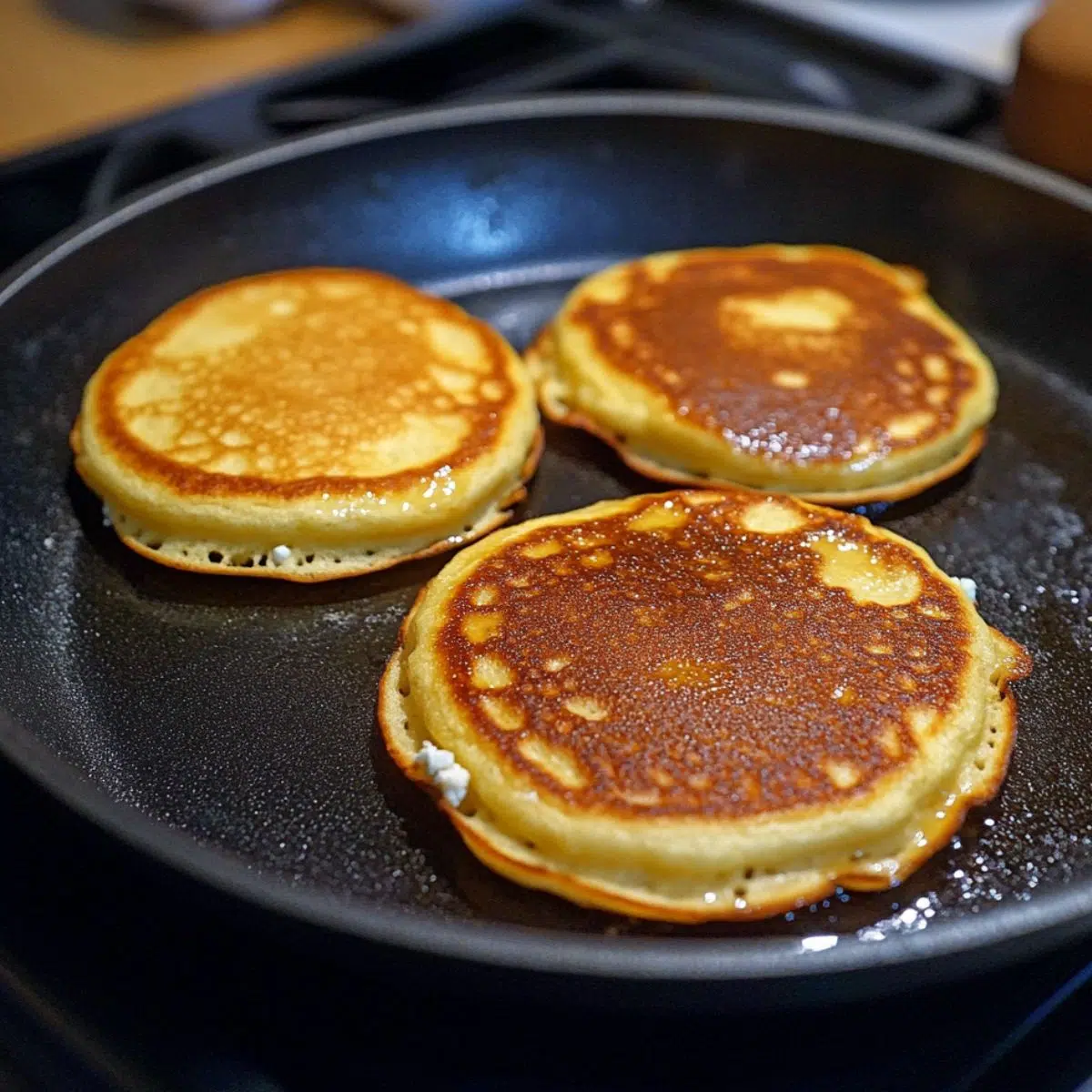 Mixing bowl with pancake batter made from cottage cheese and eggs, mid-whisk on a home kitchen counter.
