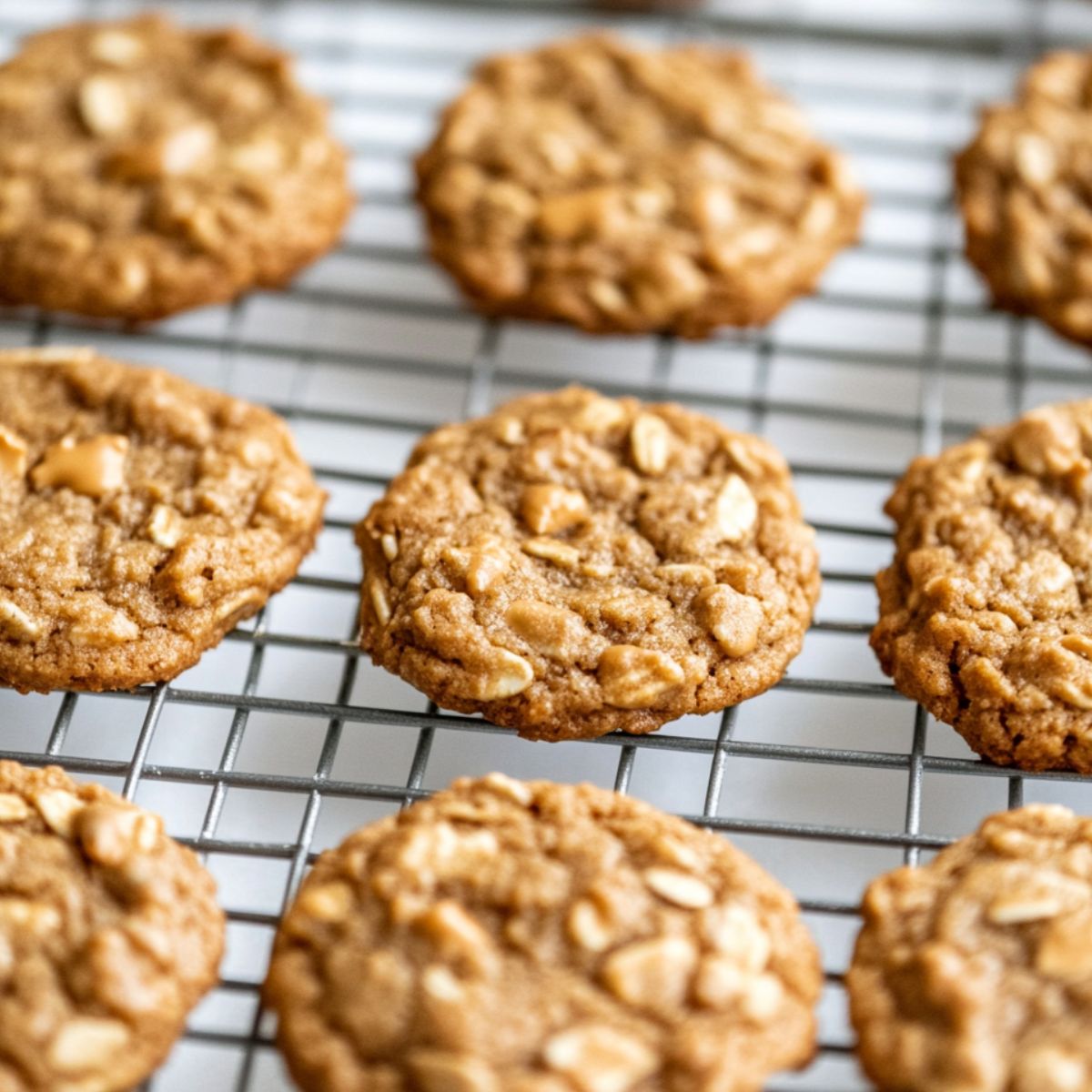 Freshly baked peanut butter oatmeal cookies cooling on a wire rack