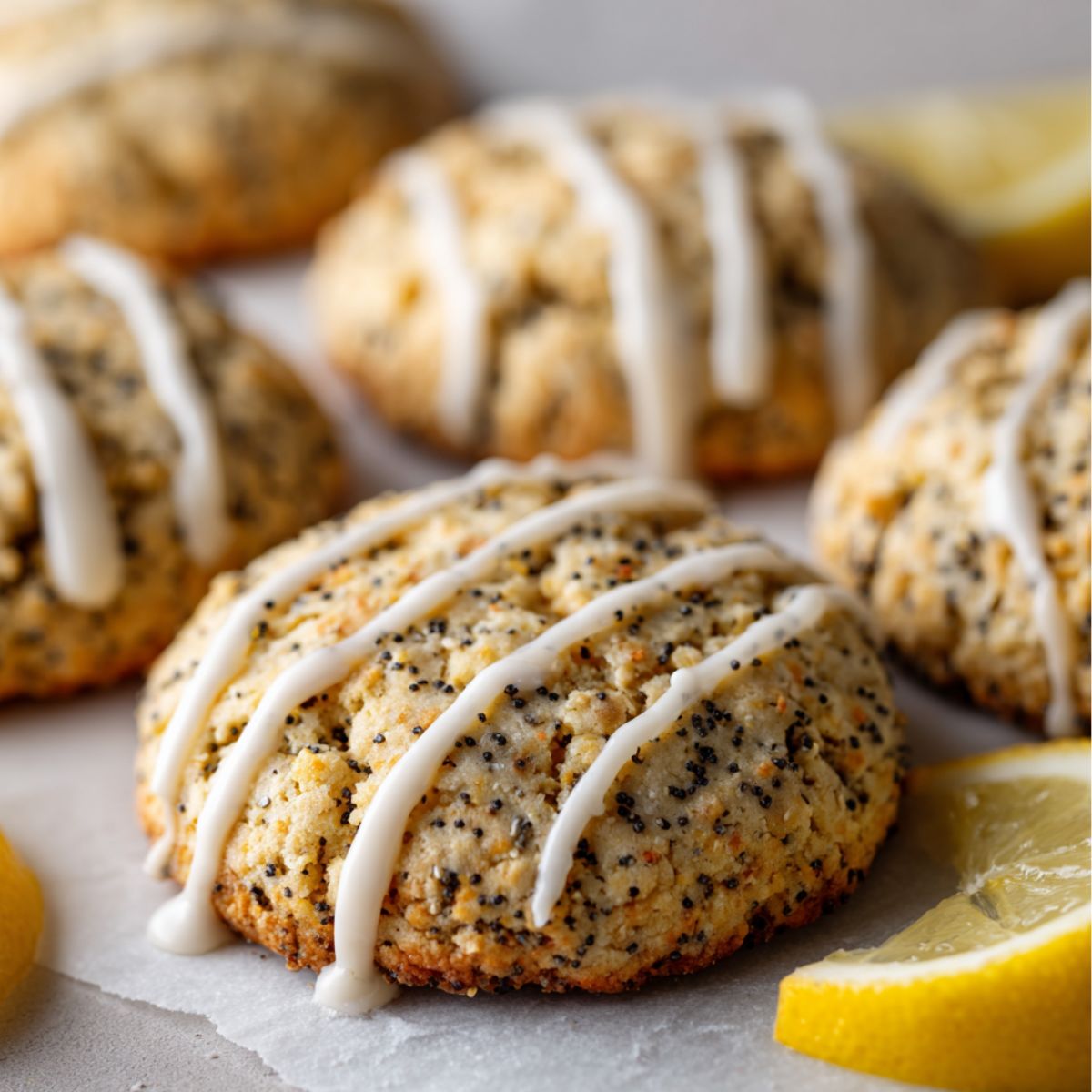Freshly baked lemon poppy seed cookies with glaze on a white kitchen counter, homemade style