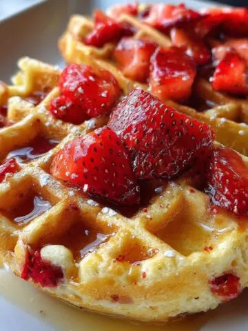 Homemade strawberry waffles stacked with fresh fruit and syrup on a white plate.