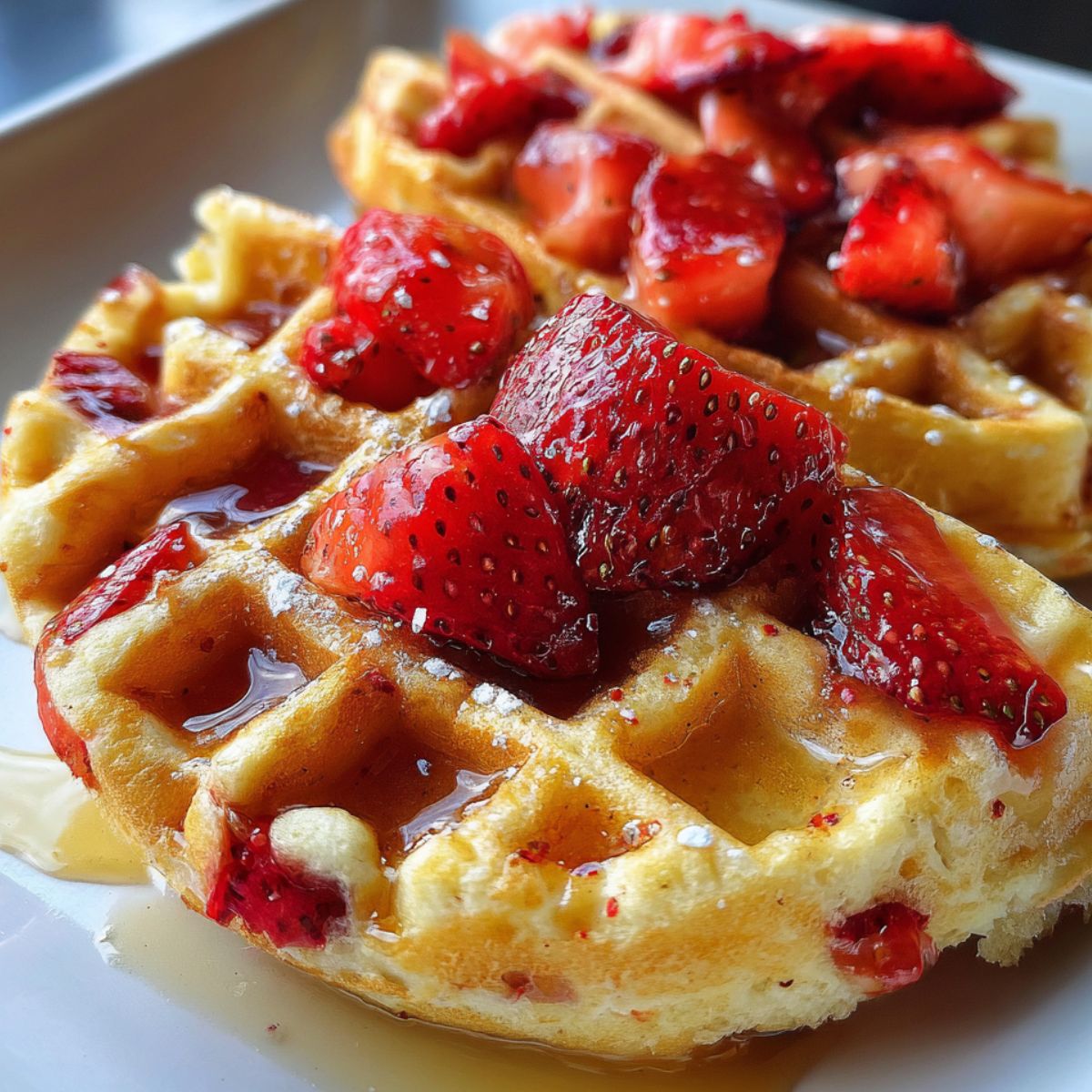Homemade strawberry waffles stacked with fresh fruit and syrup on a white plate.