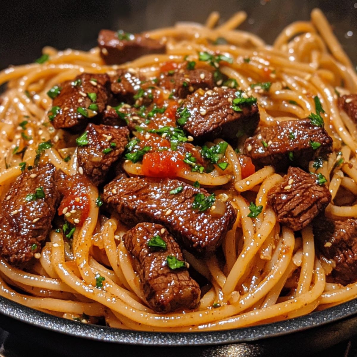 A Skillet of sweet and spicy garlic steak pasta with steak chunks and creamy sauce 