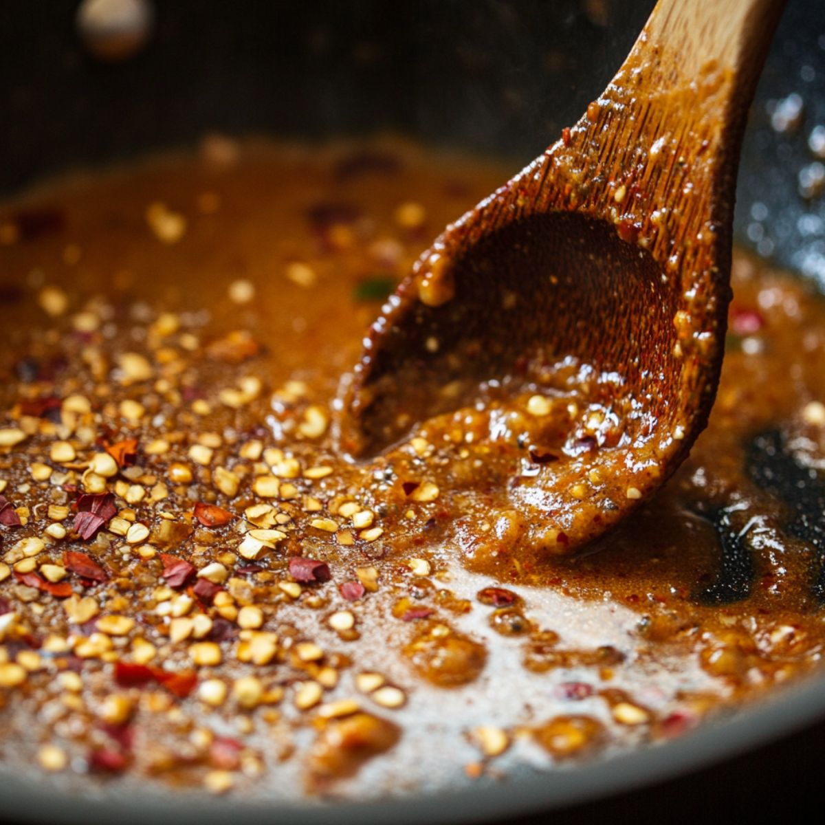 Garlic cream sauce with red pepper flakes being stirred in a skillet
