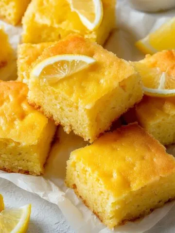Fudgy lemon brownies cut into rustic squares on parchment paper