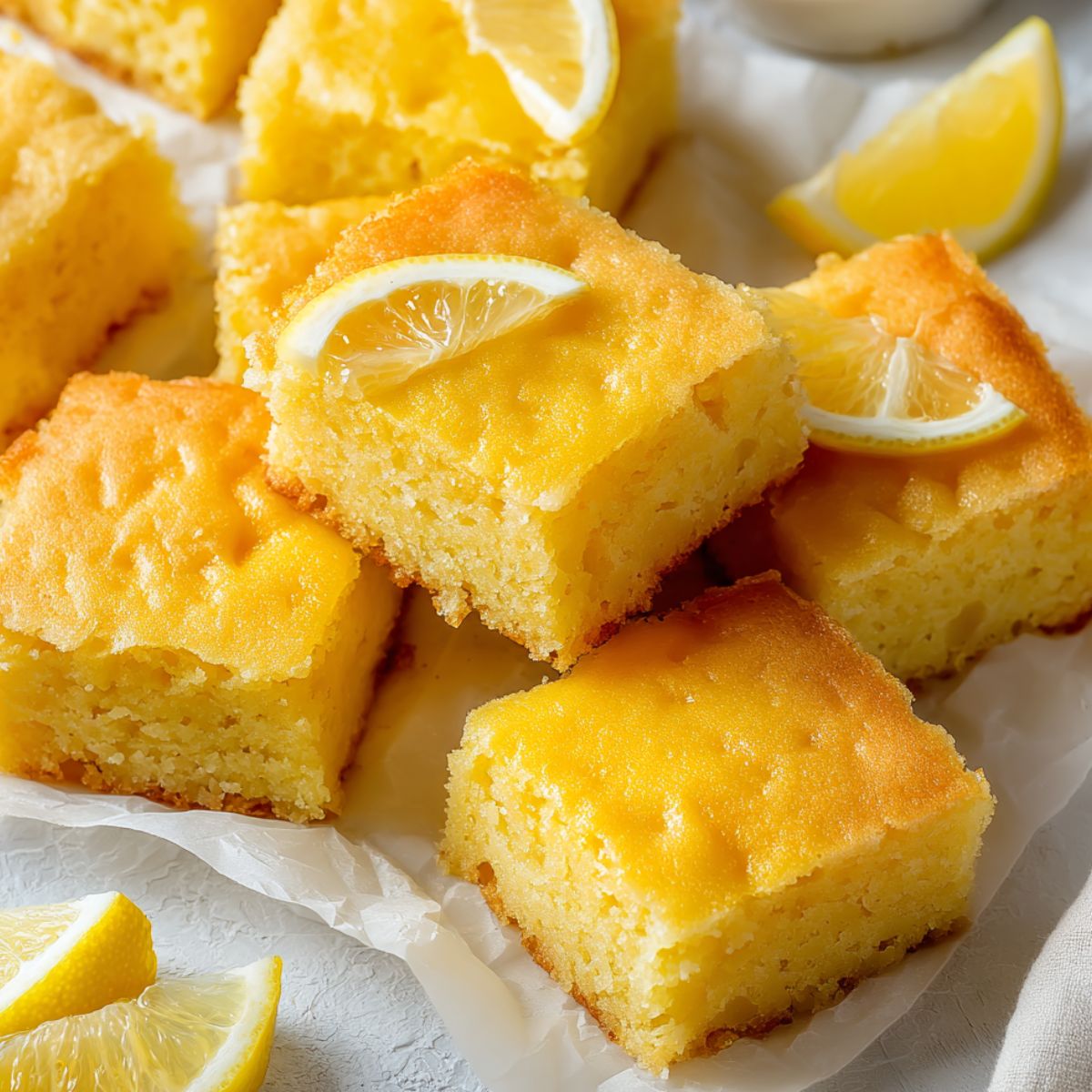 Fudgy lemon brownies cut into rustic squares on parchment paper