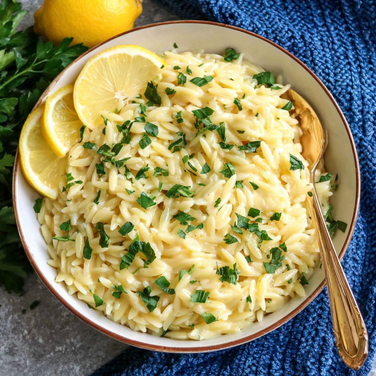 Overhead view of creamy lemon orzo pasta with fresh herbs on a white counter