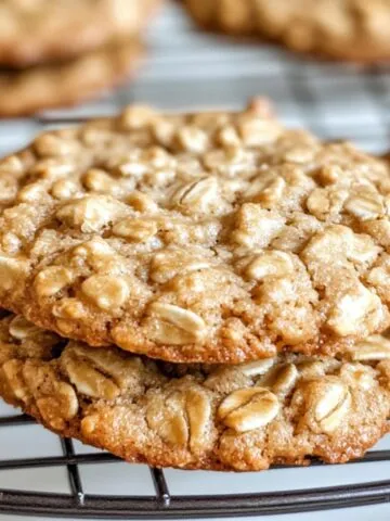 Stack of homemade 4 ingredient peanut butter oatmeal cookies on a kitchen counter
