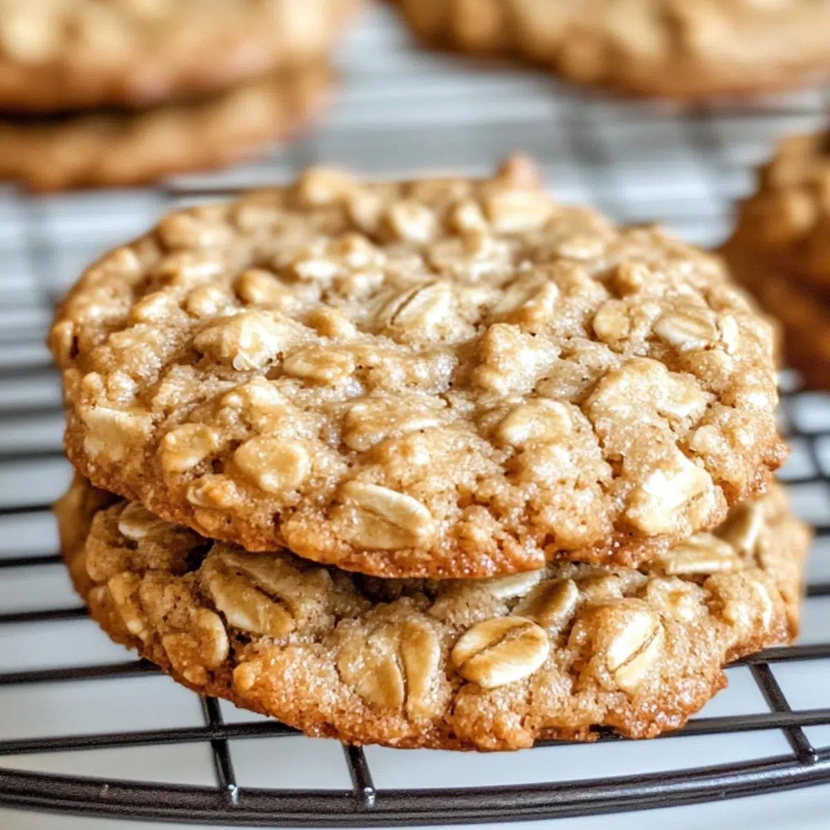 Stack of homemade 4 ingredient peanut butter oatmeal cookies on a kitchen counter