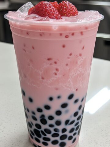 A tall glass of strawberry milk tea with tapioca pearls and fresh strawberry garnish on a white countertop
