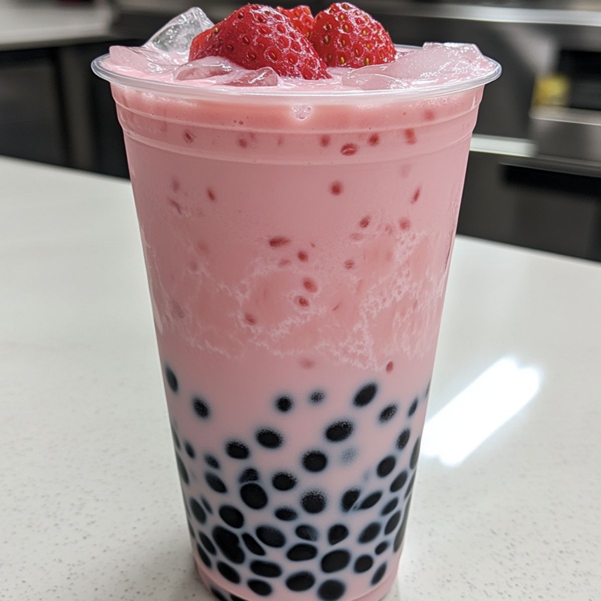 A tall glass of strawberry milk tea with tapioca pearls and fresh strawberry garnish on a white countertop