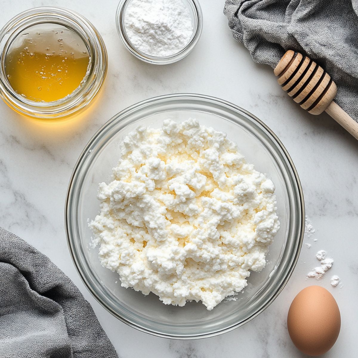 Top-down view of cottage cheese, eggs, almond flour, and other ingredients laid out on a white kitchen counter.