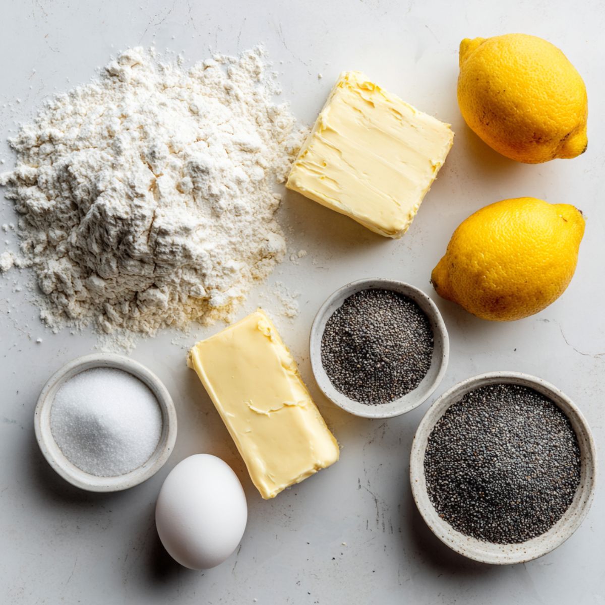 Ingredients for lemon poppy seed cookies displayed on a white kitchen counter, casual homemade setup