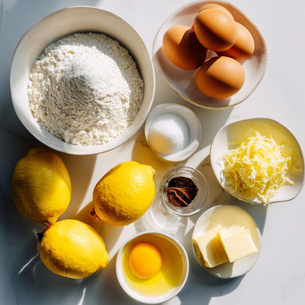 Ingredients for fudgy lemon brownies on a white countertop