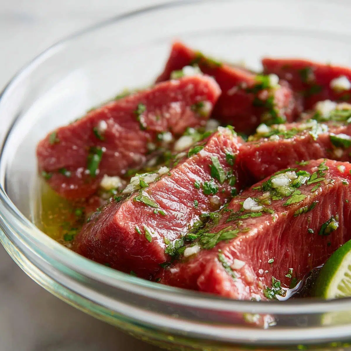 Raw sliced steak in a bowl with lime, garlic, cilantro marinade