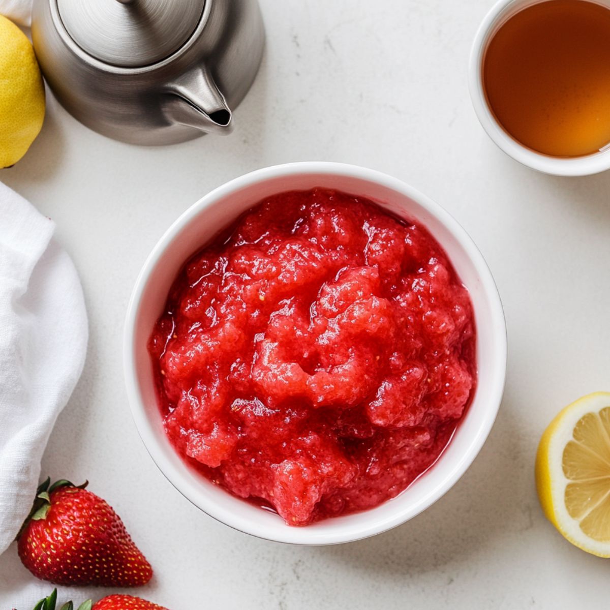 Mashing strawberries with sugar and steeping black tea side by side