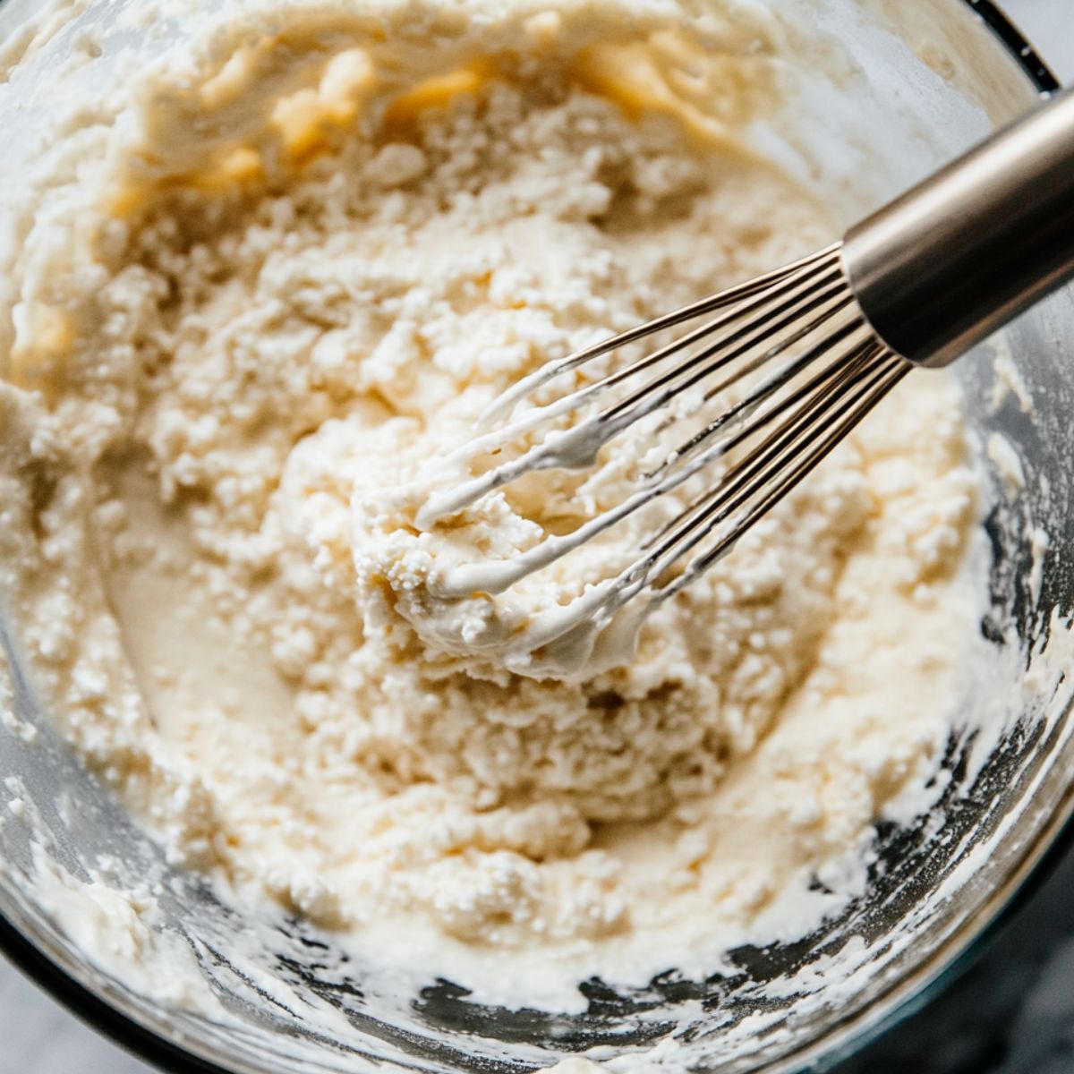 Flourless cottage cheese pancakes cooking in a skillet with golden edges on a home stove.