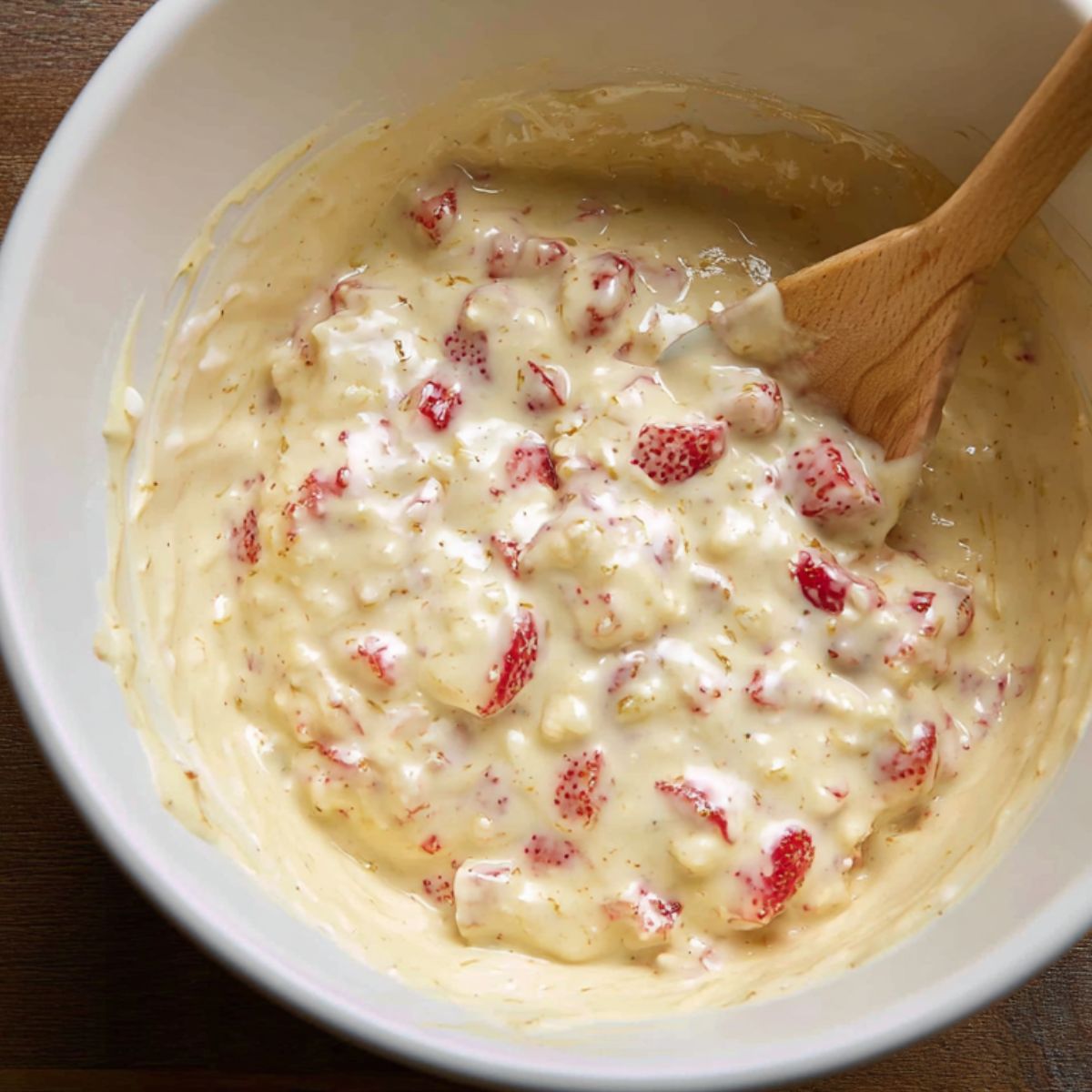  Batter being mixed in a white bowl with strawberries folded in.