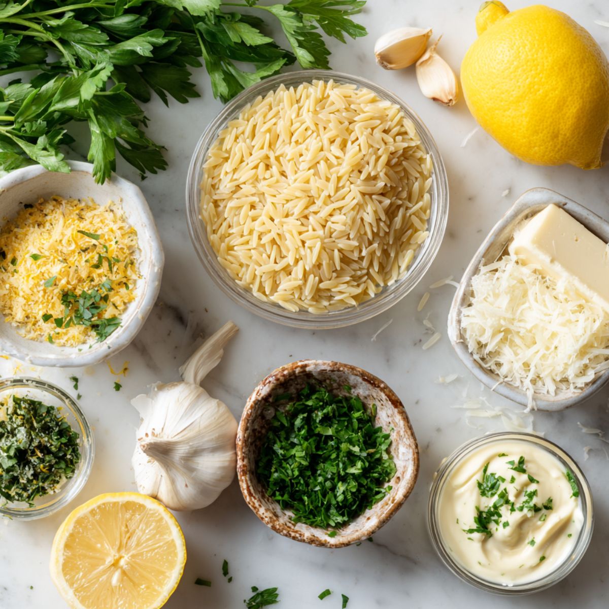  Ingredients laid out for creamy lemon orzo pasta on a white kitchen surface